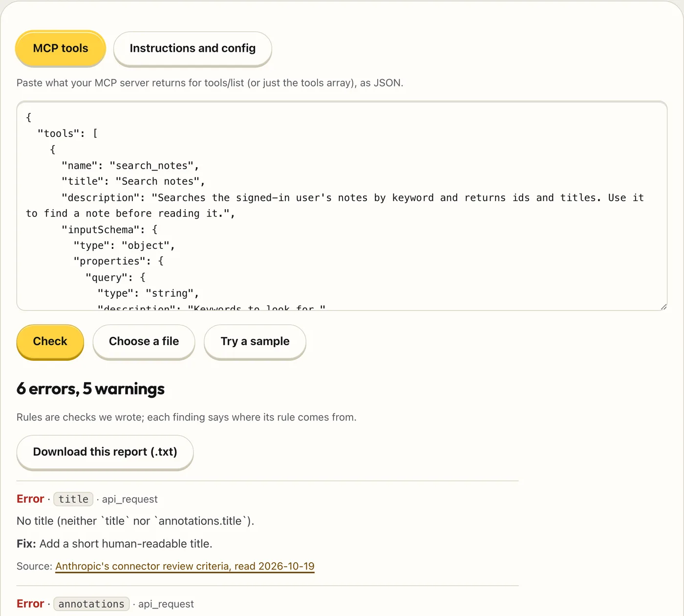 Agent Lint listing findings on a sample tool definition