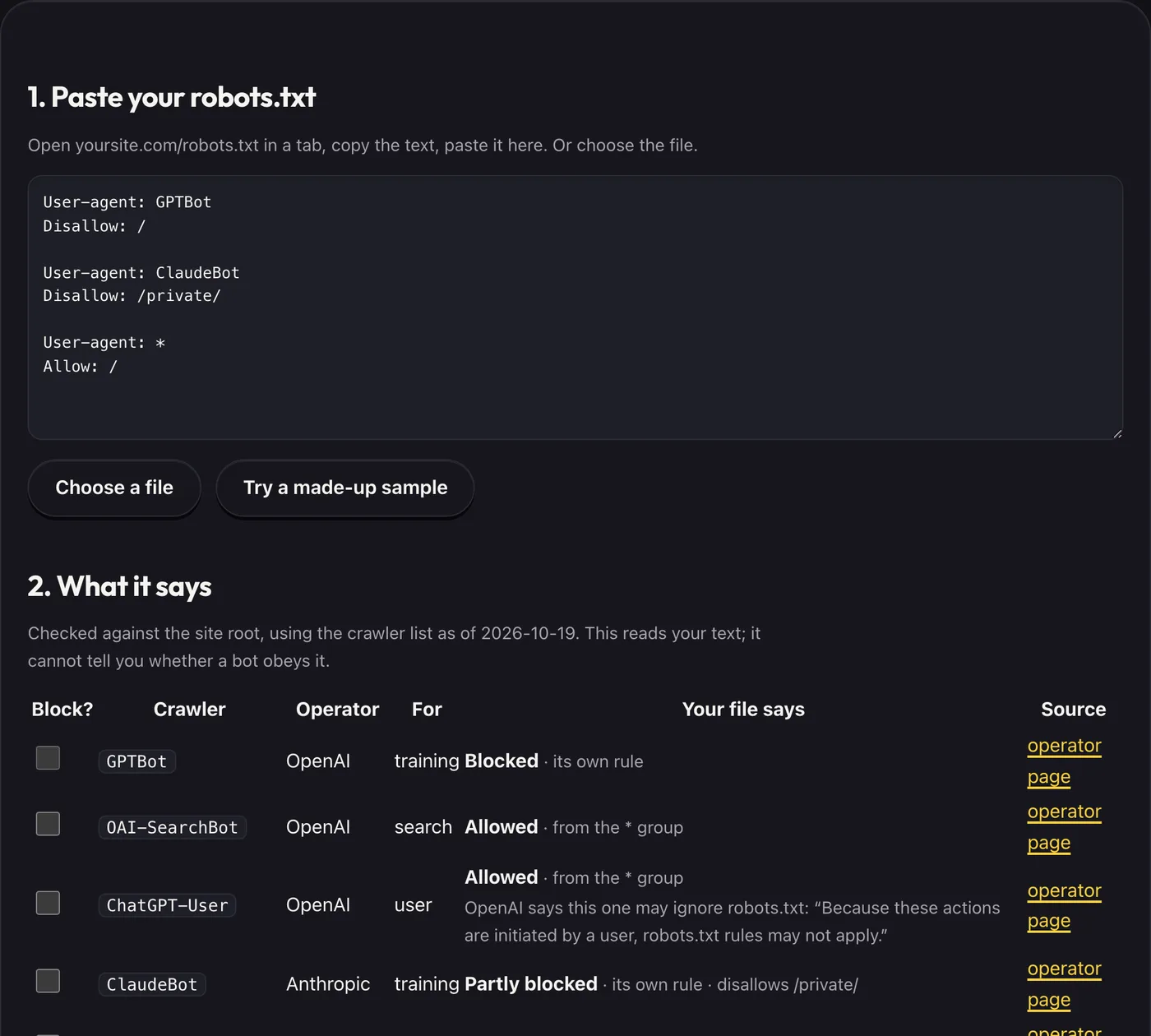 AI Crawler Check showing which AI crawlers a sample robots.txt allows or blocks