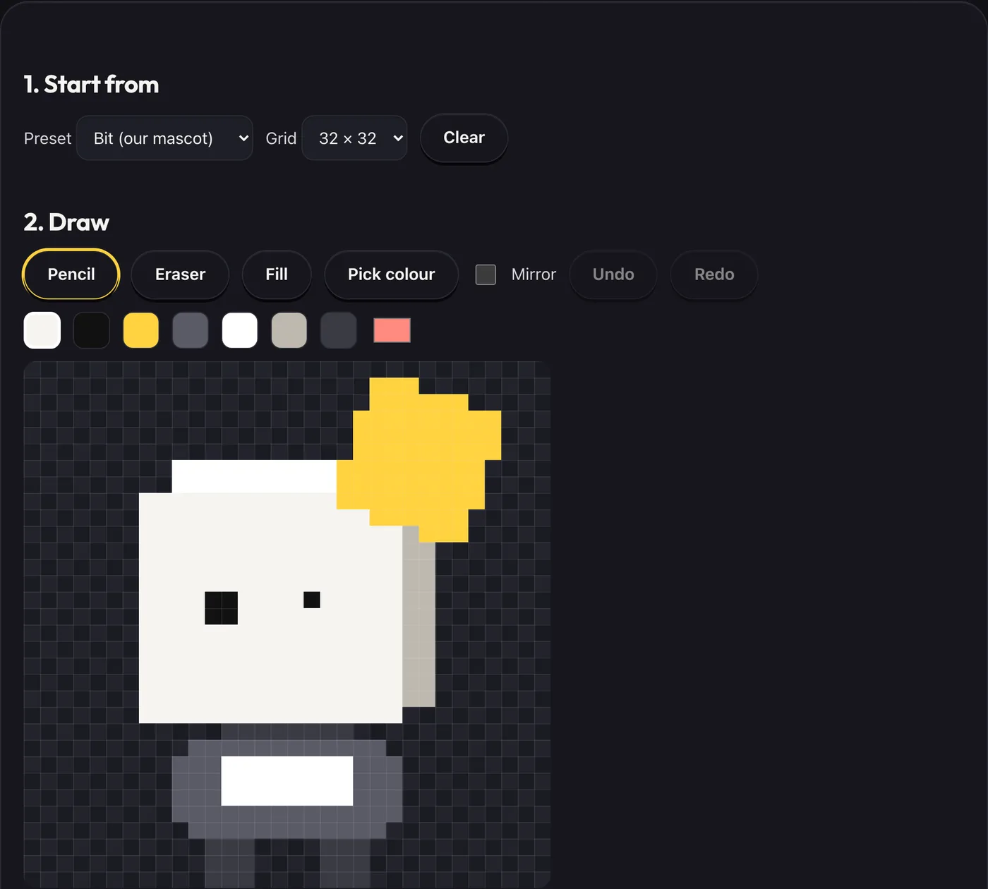 The Block Mascot Maker editor with Bit loaded